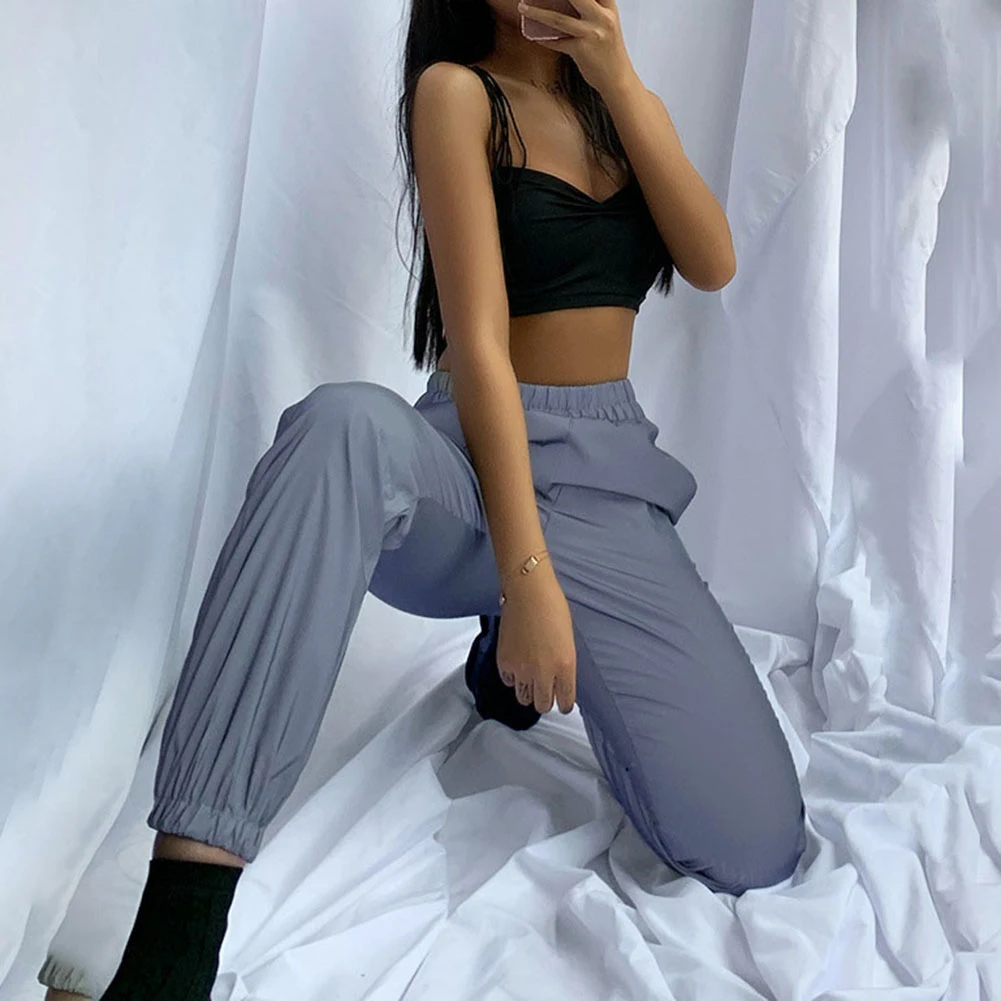 Women Sweatpant Flash Reflective Pants High Waist Joggers Hip Hop Dance Show Party Night Jogger Lady Baggy Street Wear Trousers