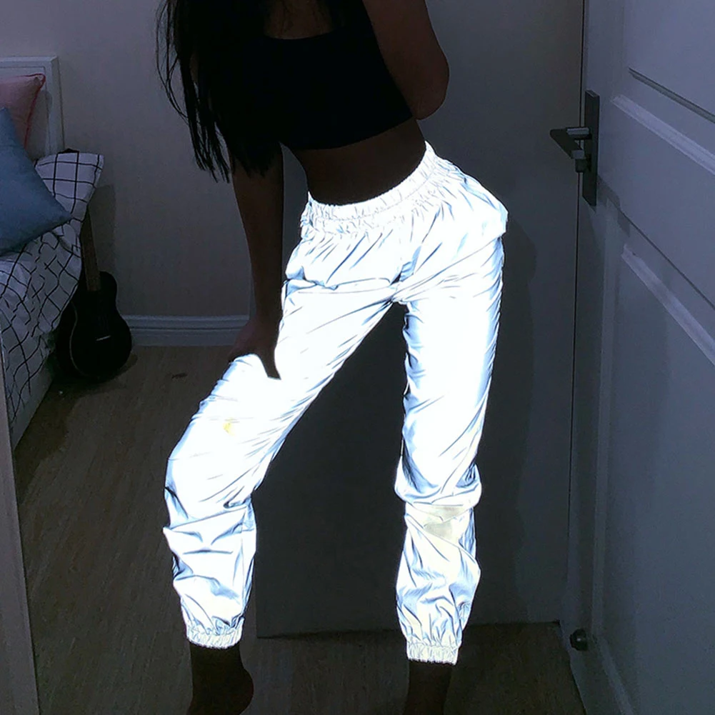 Women Sweatpant Flash Reflective Pants High Waist Joggers Hip Hop Dance Show Party Night Jogger Lady Baggy Street Wear Trousers