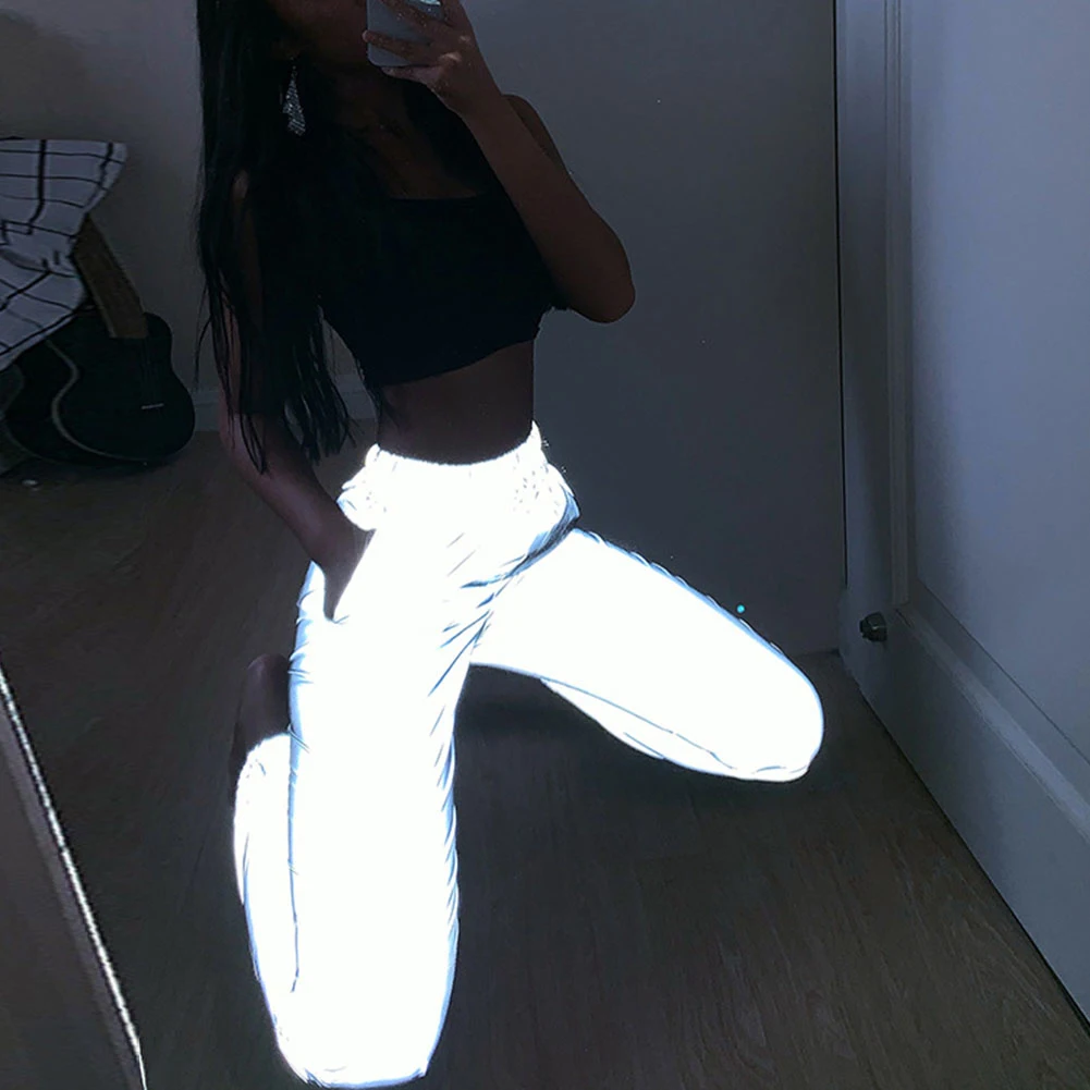 Women Sweatpant Flash Reflective Pants High Waist Joggers Hip Hop Dance Show Party Night Jogger Lady Baggy Street Wear Trousers