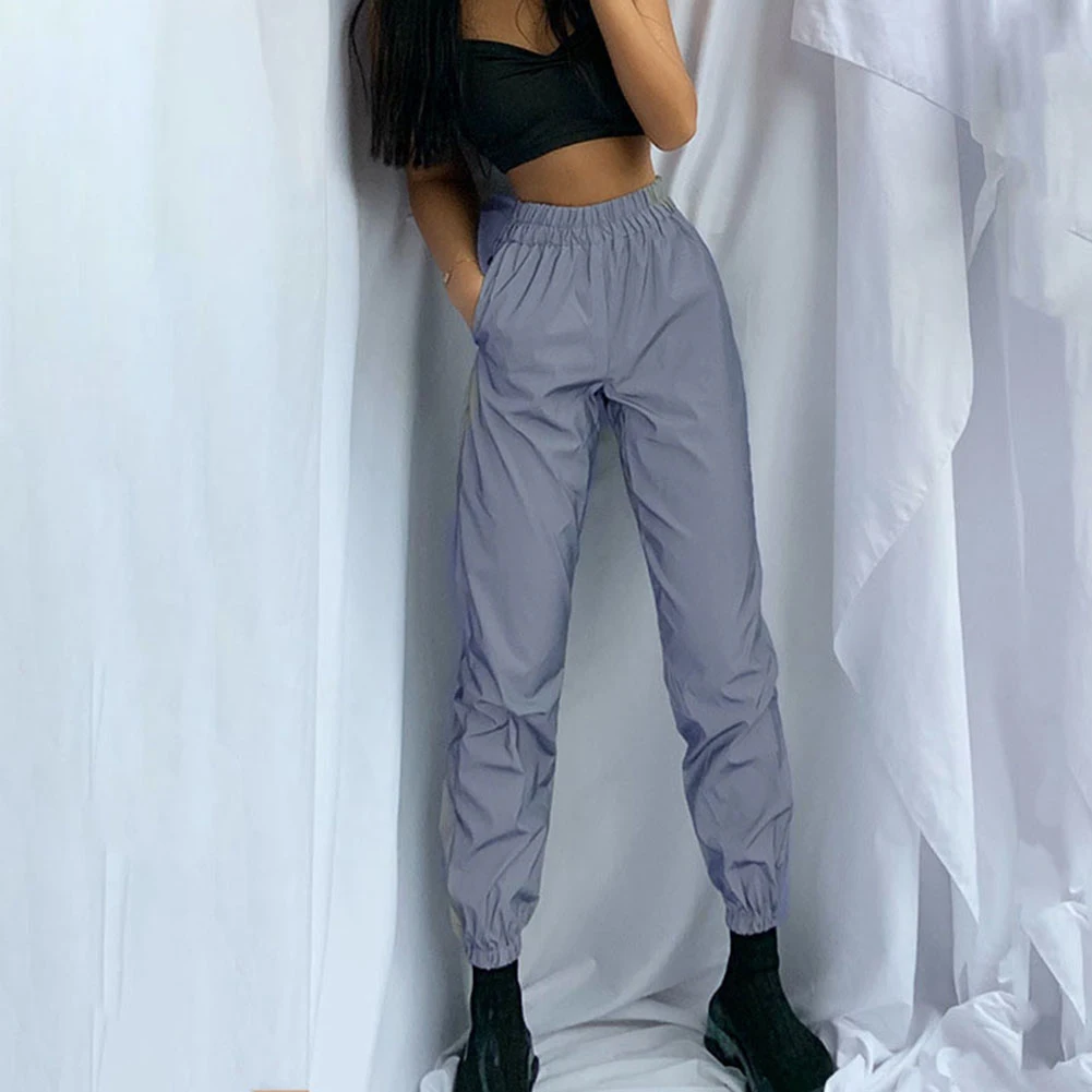 Women Sweatpant Flash Reflective Pants High Waist Joggers Hip Hop Dance Show Party Night Jogger Lady Baggy Street Wear Trousers