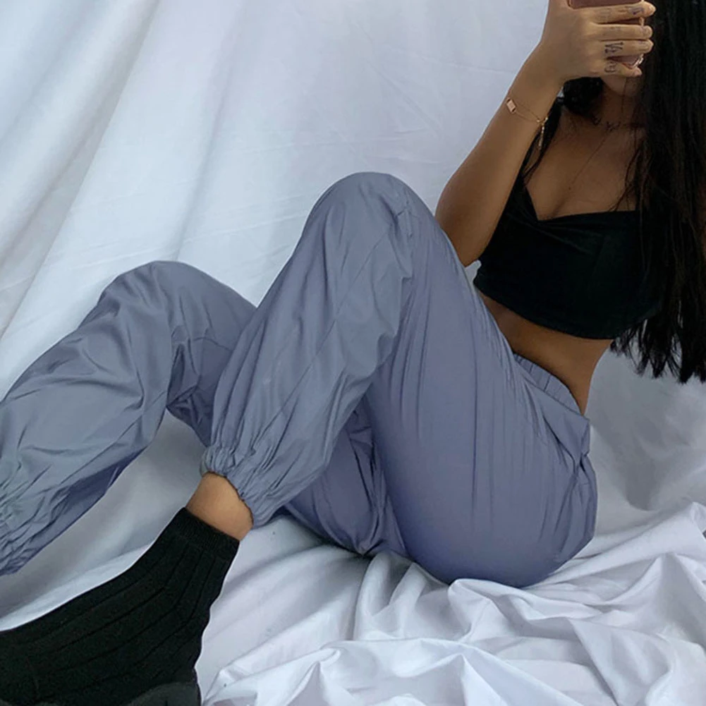 Women Sweatpant Flash Reflective Pants High Waist Joggers Hip Hop Dance Show Party Night Jogger Lady Baggy Street Wear Trousers