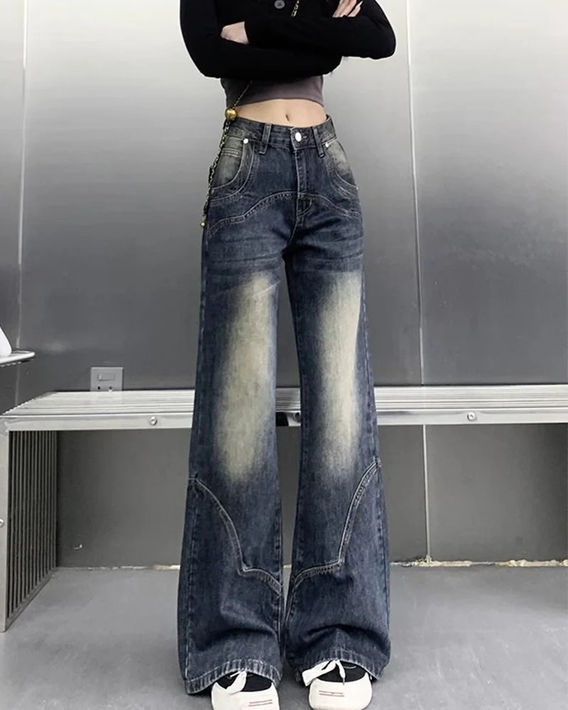 2025 Autumn Women High Waist Straight Denim Pants Korean Aesthetic Slim Wide Leg Jeans Woman Vintage 2000S Washed Denim Trousers