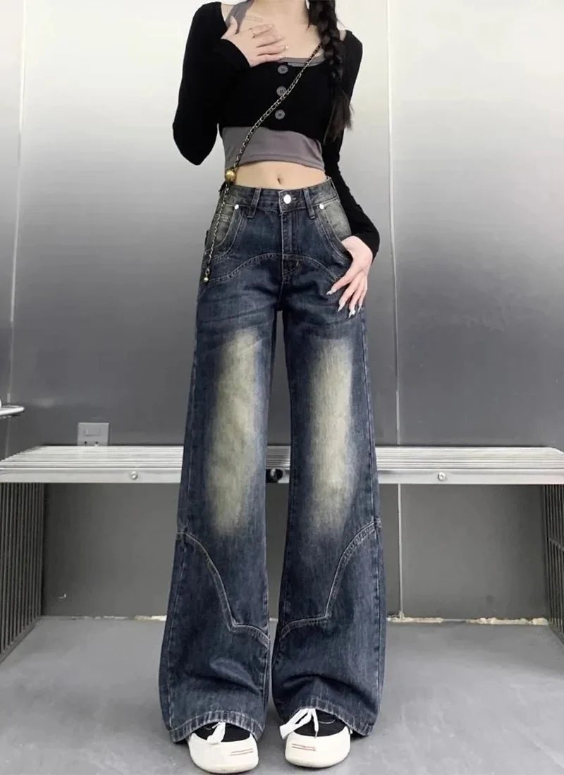 2025 Autumn Women High Waist Straight Denim Pants Korean Aesthetic Slim Wide Leg Jeans Woman Vintage 2000S Washed Denim Trousers