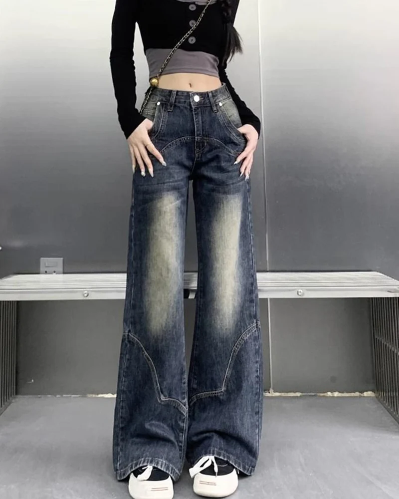 2025 Autumn Women High Waist Straight Denim Pants Korean Aesthetic Slim Wide Leg Jeans Woman Vintage 2000S Washed Denim Trousers