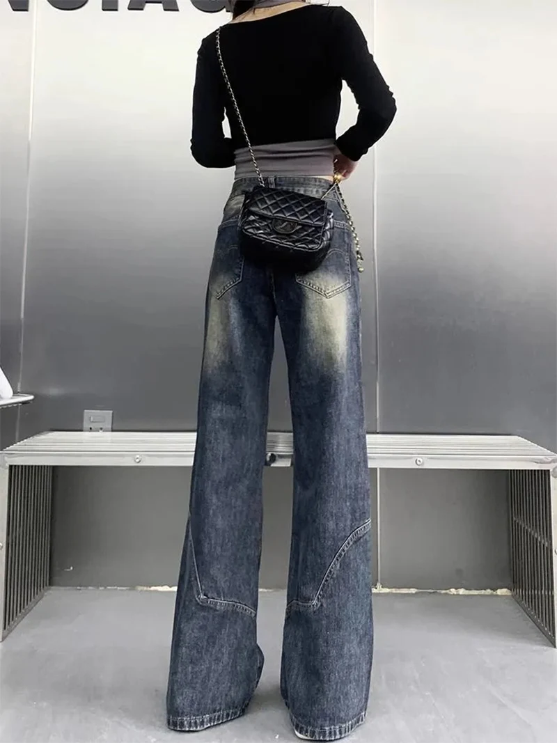 2025 Autumn Women High Waist Straight Denim Pants Korean Aesthetic Slim Wide Leg Jeans Woman Vintage 2000S Washed Denim Trousers