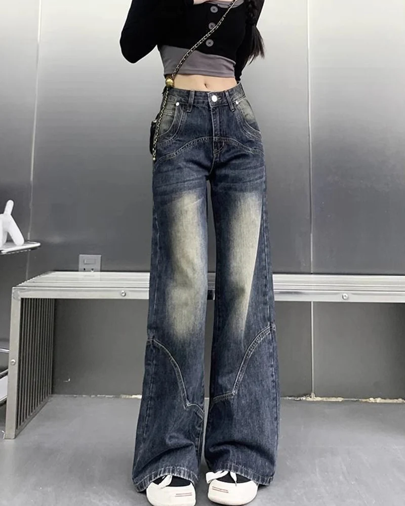 2025 Autumn Women High Waist Straight Denim Pants Korean Aesthetic Slim Wide Leg Jeans Woman Vintage 2000S Washed Denim Trousers