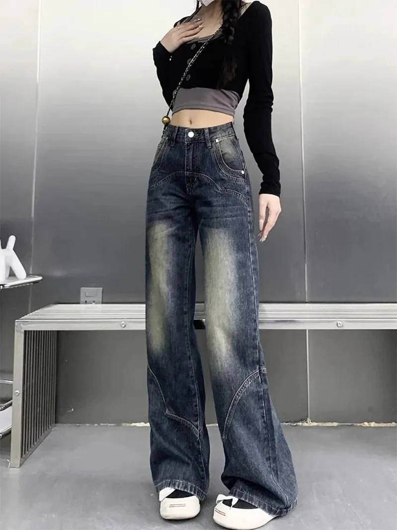 2025 Autumn Women High Waist Straight Denim Pants Korean Aesthetic Slim Wide Leg Jeans Woman Vintage 2000S Washed Denim Trousers