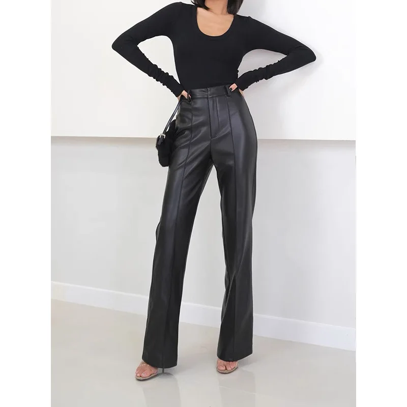 Mopping Pants For Women Genuine Leather Classic Female Straight Pipeline Suit Taller Trousers Mujer Long Legs Casual Streetwear