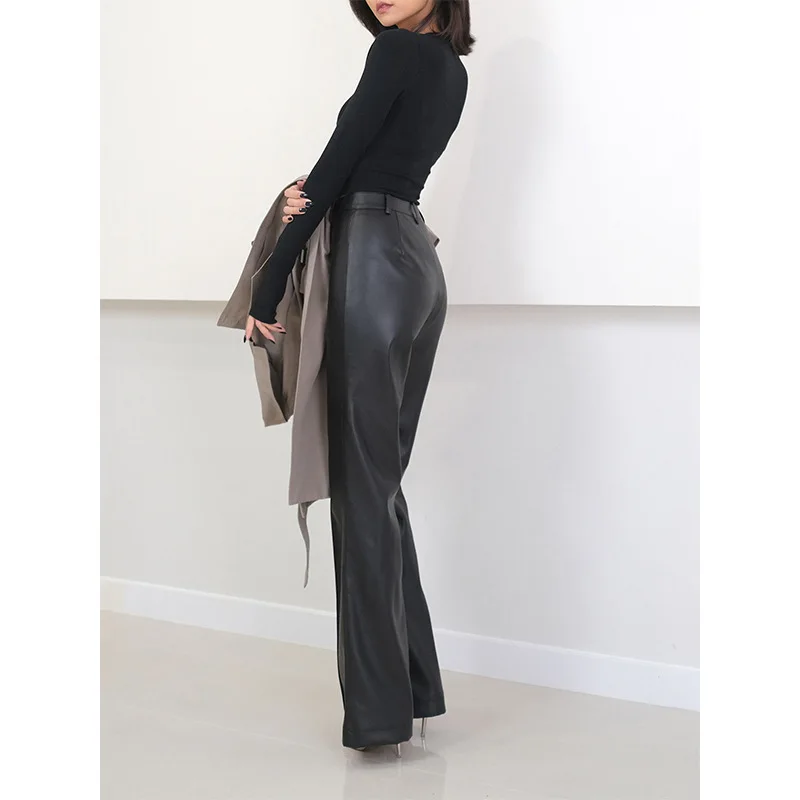 Mopping Pants For Women Genuine Leather Classic Female Straight Pipeline Suit Taller Trousers Mujer Long Legs Casual Streetwear