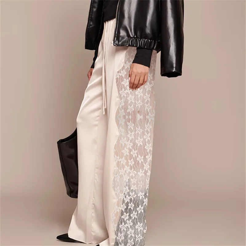 hirigin Women's Satin Wide Leg Trousers Lace Patchwork High Waisted Drawstring Lounge Pants Elegant Loose Fit Bottoms