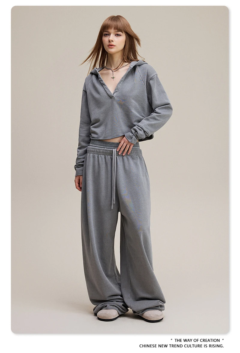 ZODF Retro Women Washed 370gsm Straight Pants Vintage Girls Female Loose Double Waist Wide Leg Cotton Trousers HY1150