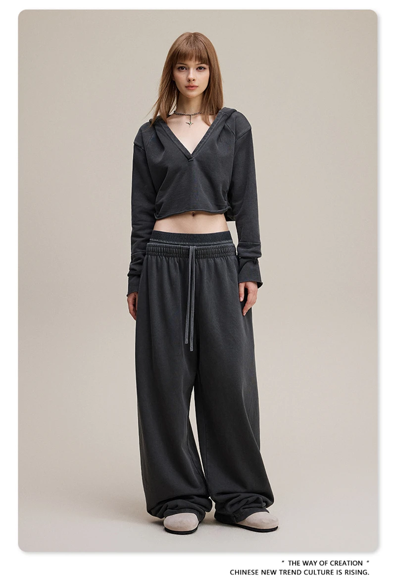 ZODF Retro Women Washed 370gsm Straight Pants Vintage Girls Female Loose Double Waist Wide Leg Cotton Trousers HY1150