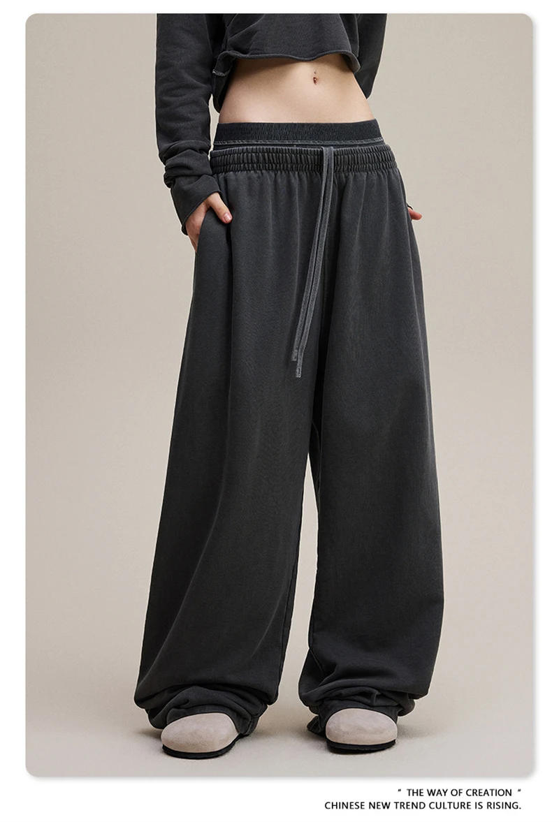 ZODF Retro Women Washed 370gsm Straight Pants Vintage Girls Female Loose Double Waist Wide Leg Cotton Trousers HY1150
