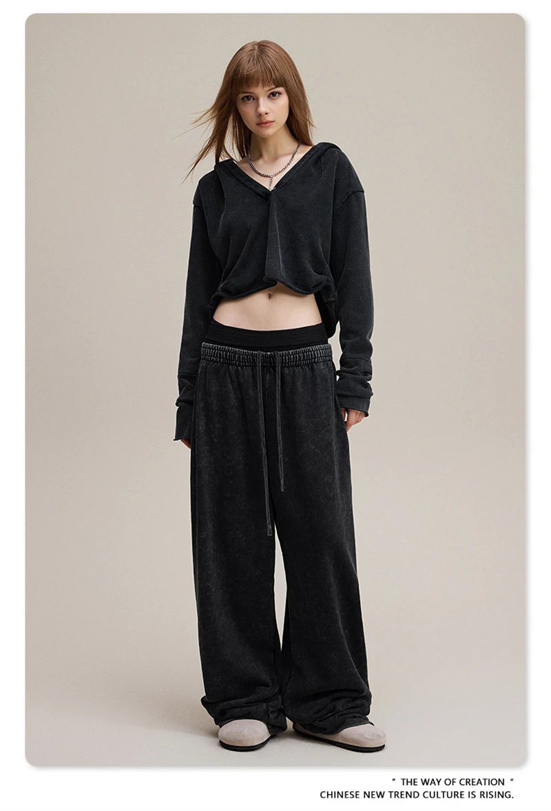 ZODF Retro Women Washed 370gsm Straight Pants Vintage Girls Female Loose Double Waist Wide Leg Cotton Trousers HY1150