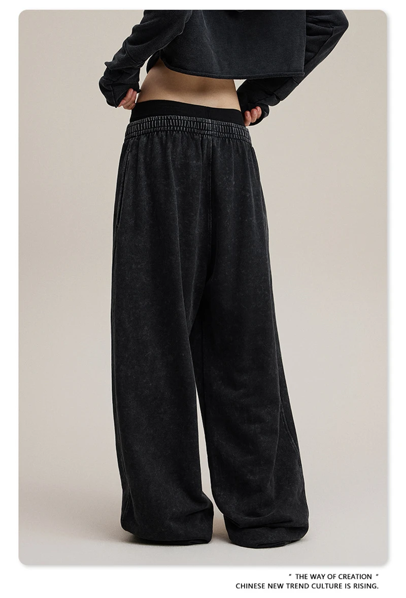ZODF Retro Women Washed 370gsm Straight Pants Vintage Girls Female Loose Double Waist Wide Leg Cotton Trousers HY1150