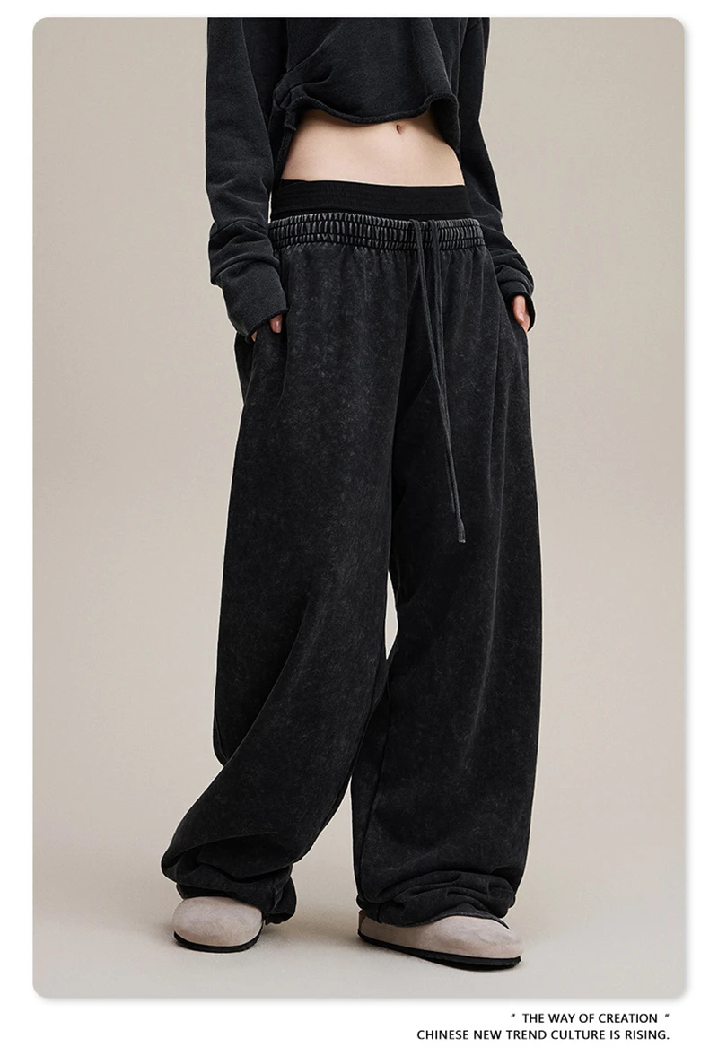 ZODF Retro Women Washed 370gsm Straight Pants Vintage Girls Female Loose Double Waist Wide Leg Cotton Trousers HY1150