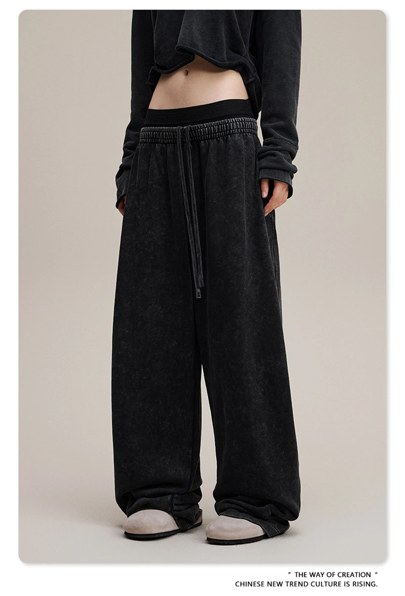 ZODF Retro Women Washed 370gsm Straight Pants Vintage Girls Female Loose Double Waist Wide Leg Cotton Trousers HY1150