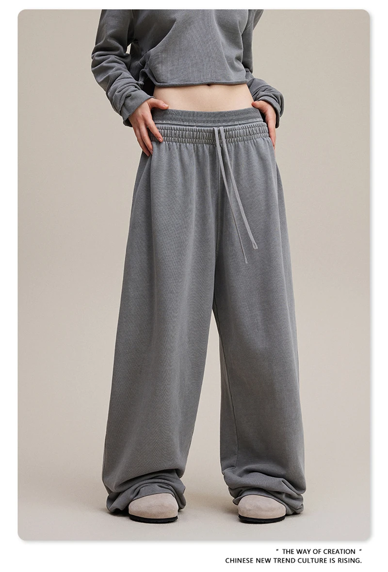 ZODF Retro Women Washed 370gsm Straight Pants Vintage Girls Female Loose Double Waist Wide Leg Cotton Trousers HY1150
