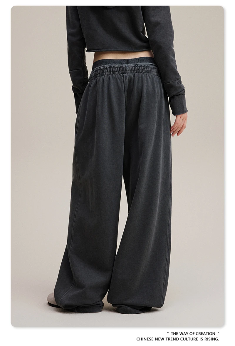 ZODF Retro Women Washed 370gsm Straight Pants Vintage Girls Female Loose Double Waist Wide Leg Cotton Trousers HY1150