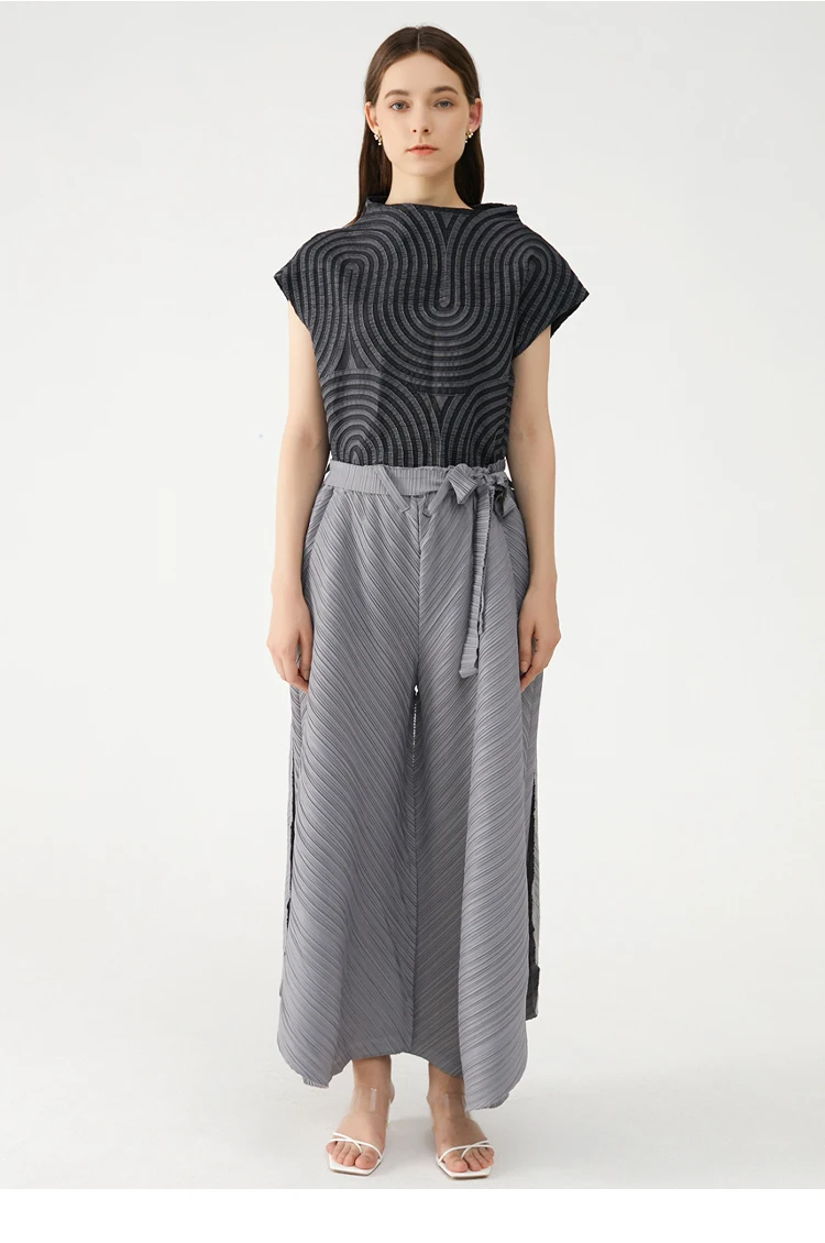 Miyake Pleated Wide Leg Loose Pants Stitching Casual Big Trousers Women Summer Dubai Designer Fashion Belt Aesthetic Clothes