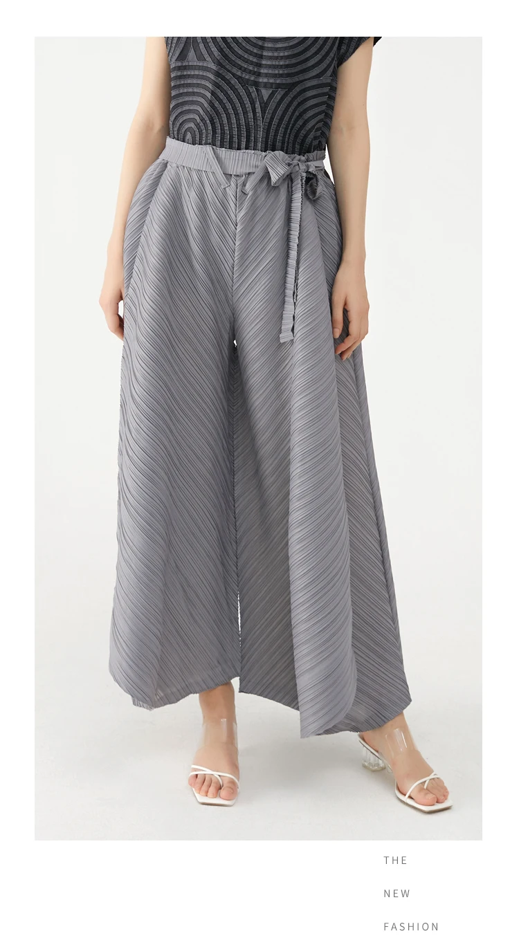 Miyake Pleated Wide Leg Loose Pants Stitching Casual Big Trousers Women Summer Dubai Designer Fashion Belt Aesthetic Clothes