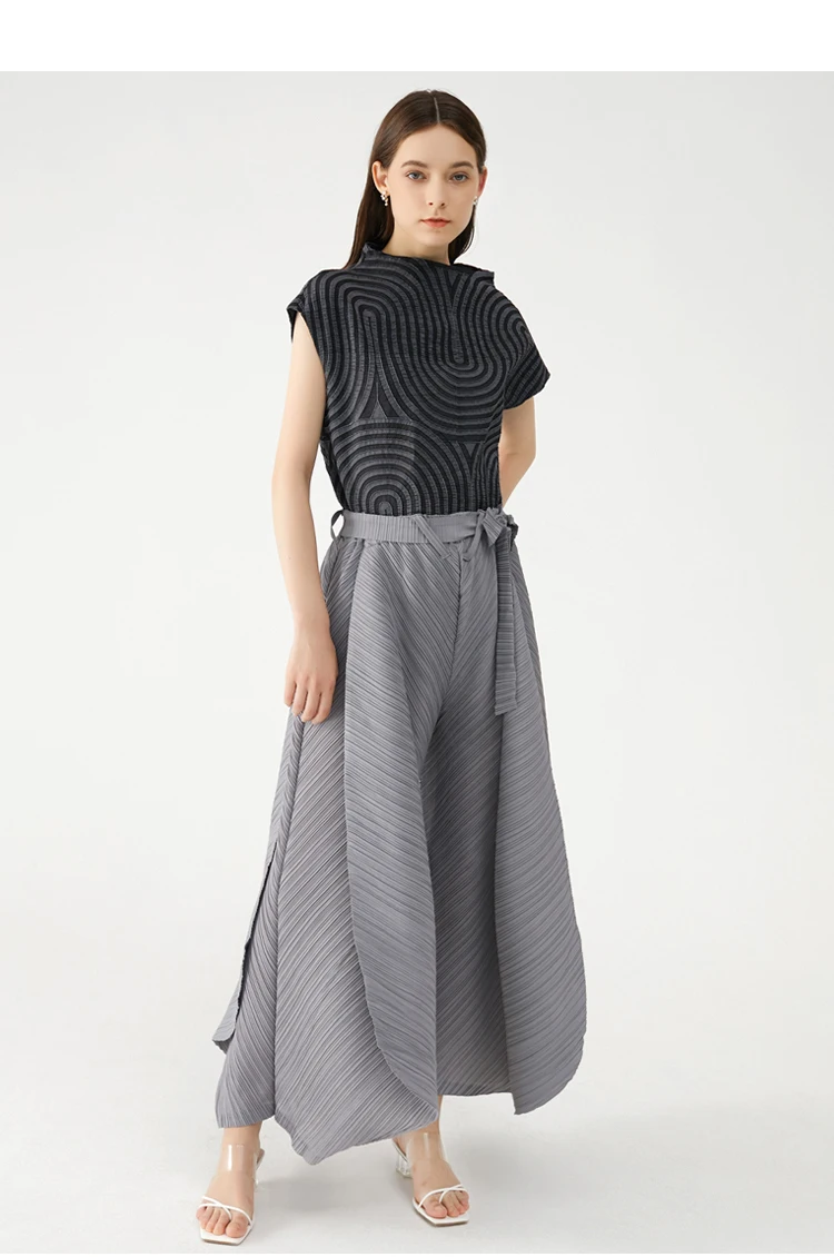 Miyake Pleated Wide Leg Loose Pants Stitching Casual Big Trousers Women Summer Dubai Designer Fashion Belt Aesthetic Clothes
