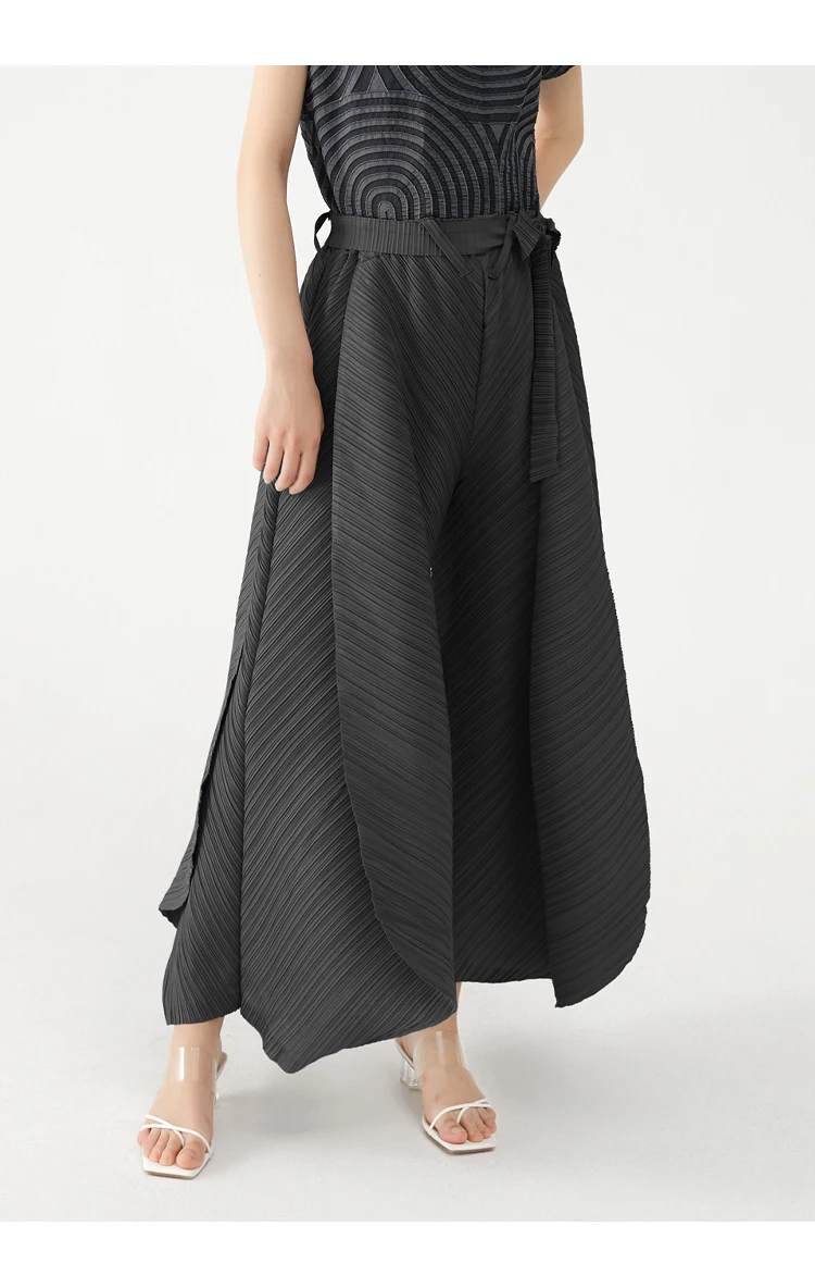 Miyake Pleated Wide Leg Loose Pants Stitching Casual Big Trousers Women Summer Dubai Designer Fashion Belt Aesthetic Clothes