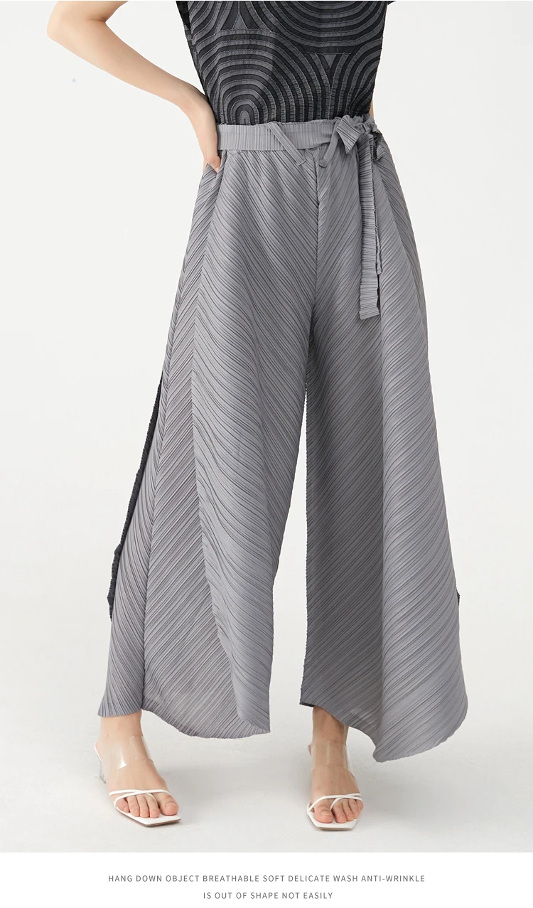 Miyake Pleated Wide Leg Loose Pants Stitching Casual Big Trousers Women Summer Dubai Designer Fashion Belt Aesthetic Clothes