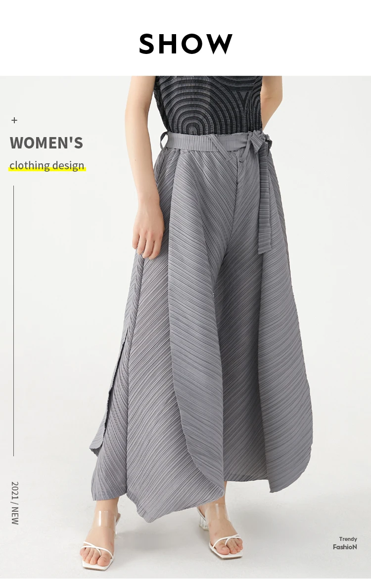 Miyake Pleated Wide Leg Loose Pants Stitching Casual Big Trousers Women Summer Dubai Designer Fashion Belt Aesthetic Clothes