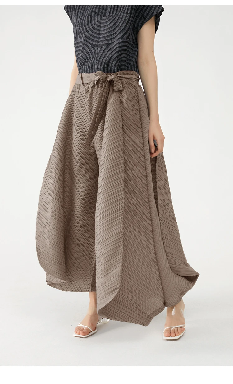 Miyake Pleated Wide Leg Loose Pants Stitching Casual Big Trousers Women Summer Dubai Designer Fashion Belt Aesthetic Clothes
