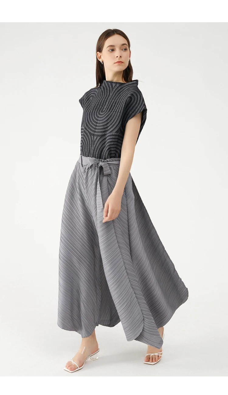 Miyake Pleated Wide Leg Loose Pants Stitching Casual Big Trousers Women Summer Dubai Designer Fashion Belt Aesthetic Clothes