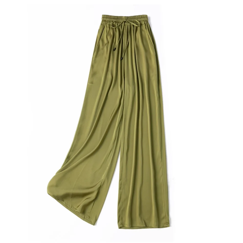 SuyaDream, Wide Leg Pants For Woman, 93%Silk 7%Spandex, Elastic Waist, 2025 Spring Summer Solid Long Trousers, Pink, Blue