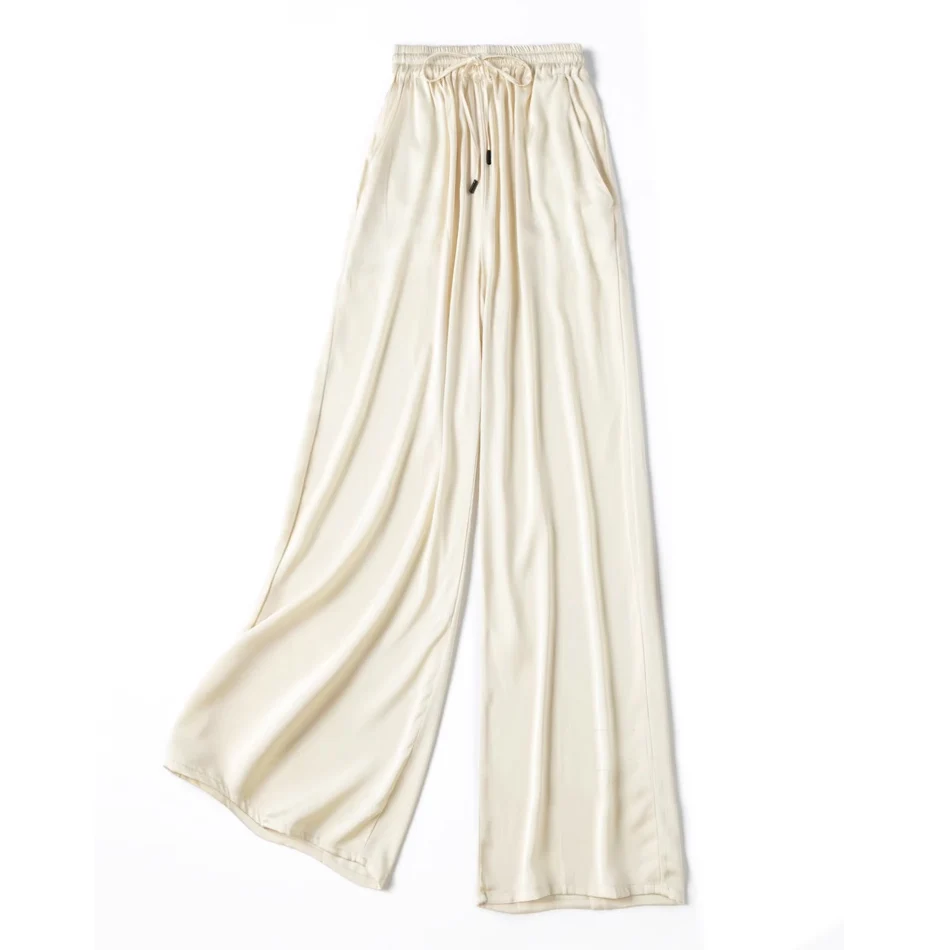SuyaDream, Wide Leg Pants For Woman, 93%Silk 7%Spandex, Elastic Waist, 2025 Spring Summer Solid Long Trousers, Pink, Blue