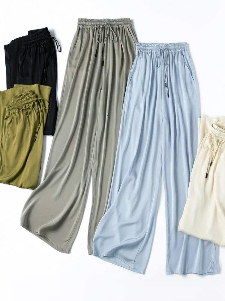 SuyaDream, Wide Leg Pants For Woman, 93%Silk 7%Spandex, Elastic Waist, 2025 Spring Summer Solid Long Trousers, Pink, Blue