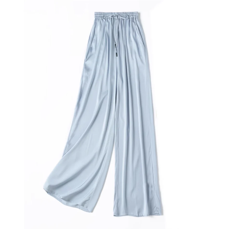 SuyaDream, Wide Leg Pants For Woman, 93%Silk 7%Spandex, Elastic Waist, 2025 Spring Summer Solid Long Trousers, Pink, Blue