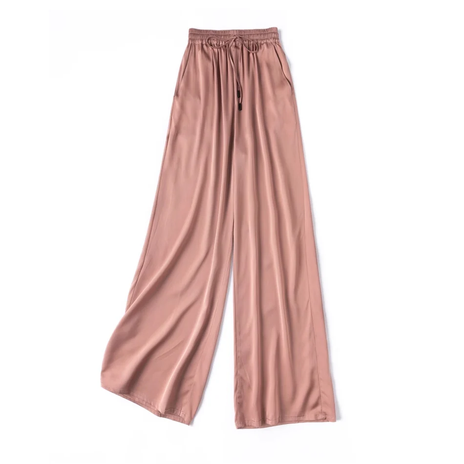 SuyaDream, Wide Leg Pants For Woman, 93%Silk 7%Spandex, Elastic Waist, 2025 Spring Summer Solid Long Trousers, Pink, Blue