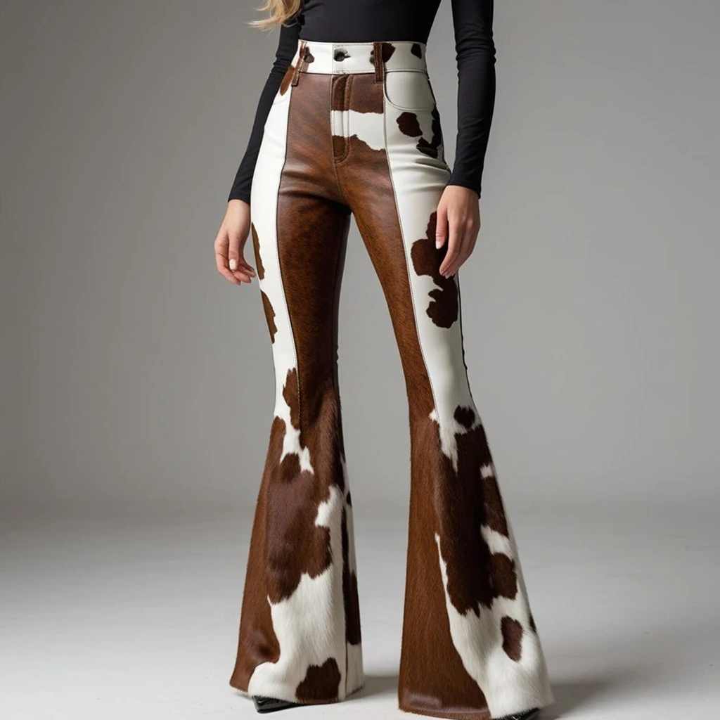 Dairy Cow Printed High Waist Flare Pants for Women Autumn Street Trousers Elastic Waist Comfortable Bodycon Bottoms