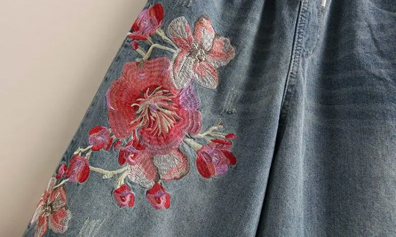 Indie Folk Embroidery Denim Vintage Elastic High Waist Loose Wide Leg Women's Pants Calf-Length Pants For Women Clothing Fashion