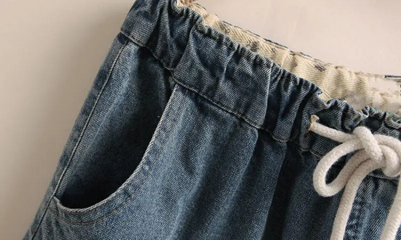 Indie Folk Embroidery Denim Vintage Elastic High Waist Loose Wide Leg Women's Pants Calf-Length Pants For Women Clothing Fashion