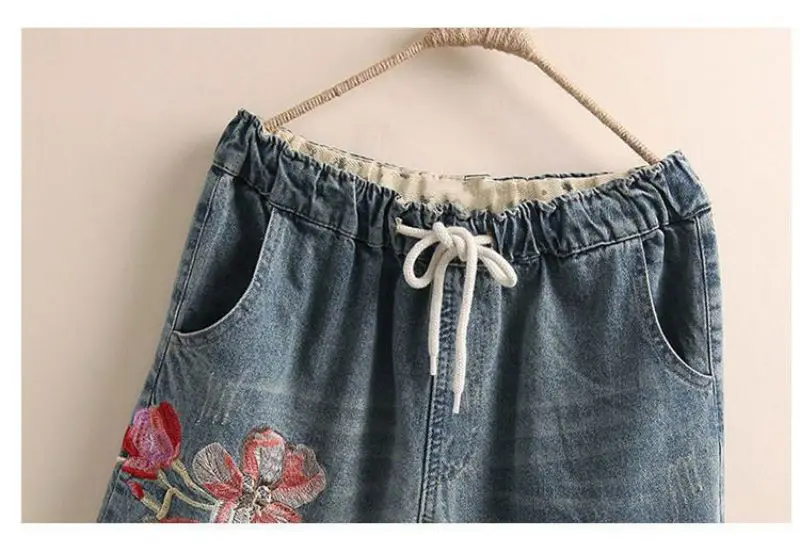 Indie Folk Embroidery Denim Vintage Elastic High Waist Loose Wide Leg Women's Pants Calf-Length Pants For Women Clothing Fashion