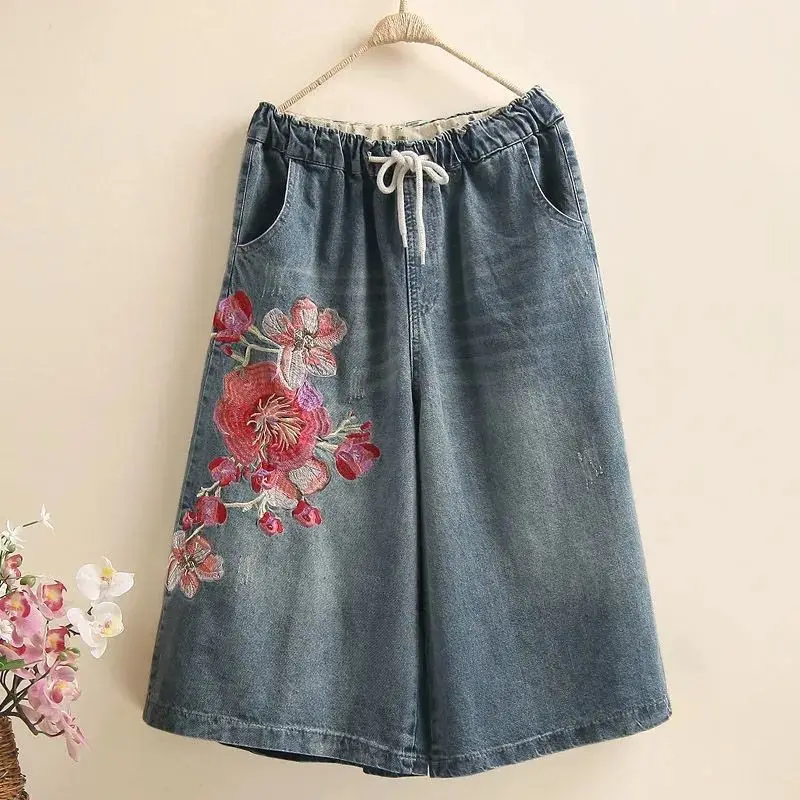 Indie Folk Embroidery Denim Vintage Elastic High Waist Loose Wide Leg Women's Pants Calf-Length Pants For Women Clothing Fashion