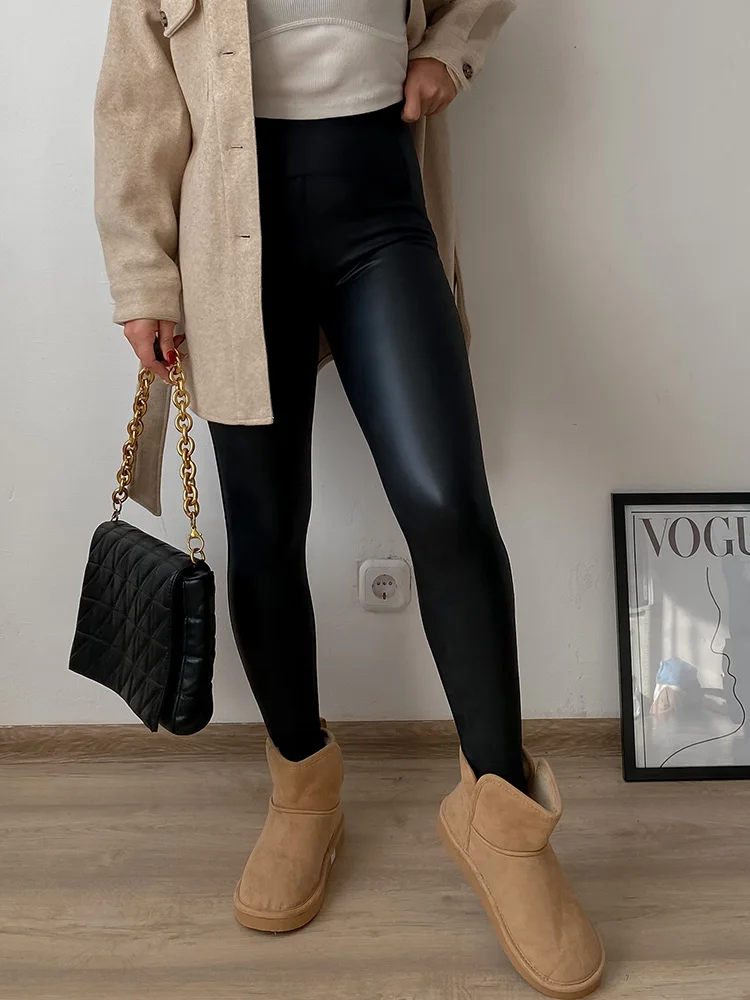 KarSaNy High Waist Fleece Winter Leather Pants For Women Beige PU Windproof Trousers Skinny Velvet Warm Pants Women Winter