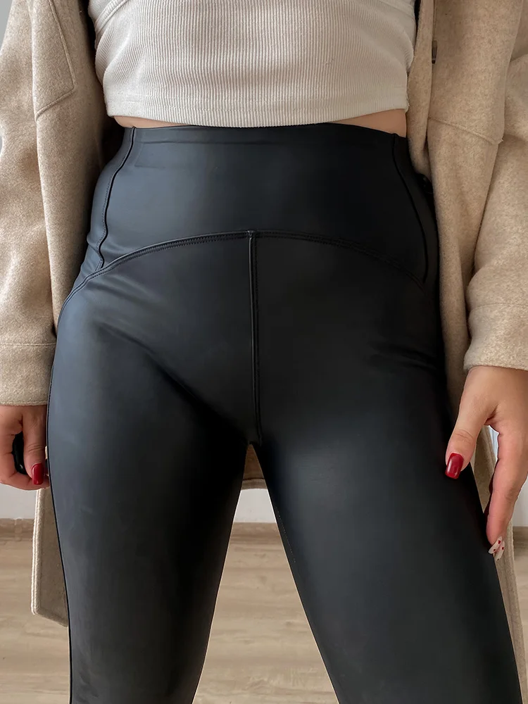 KarSaNy High Waist Fleece Winter Leather Pants For Women Beige PU Windproof Trousers Skinny Velvet Warm Pants Women Winter