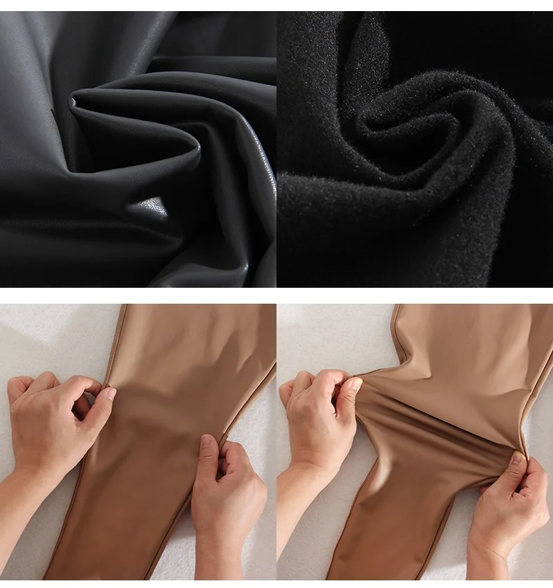 KarSaNy High Waist Fleece Winter Leather Pants For Women Beige PU Windproof Trousers Skinny Velvet Warm Pants Women Winter