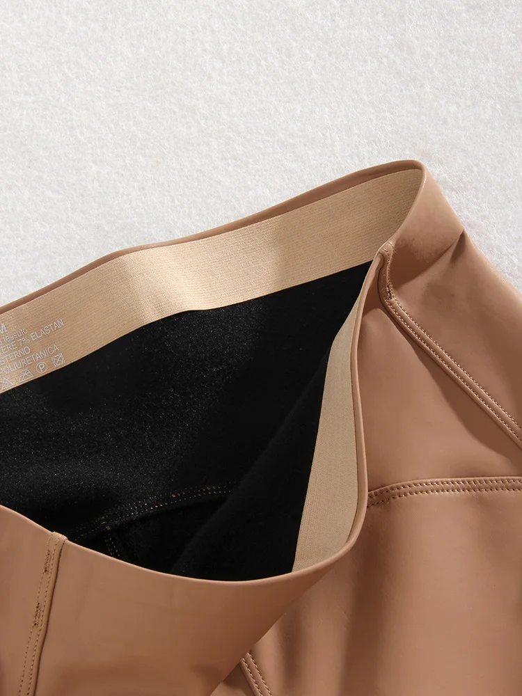 KarSaNy High Waist Fleece Winter Leather Pants For Women Beige PU Windproof Trousers Skinny Velvet Warm Pants Women Winter