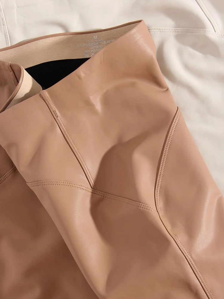 KarSaNy High Waist Fleece Winter Leather Pants For Women Beige PU Windproof Trousers Skinny Velvet Warm Pants Women Winter