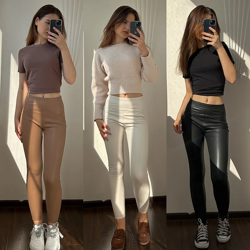 KarSaNy High Waist Fleece Winter Leather Pants For Women Beige PU Windproof Trousers Skinny Velvet Warm Pants Women Winter