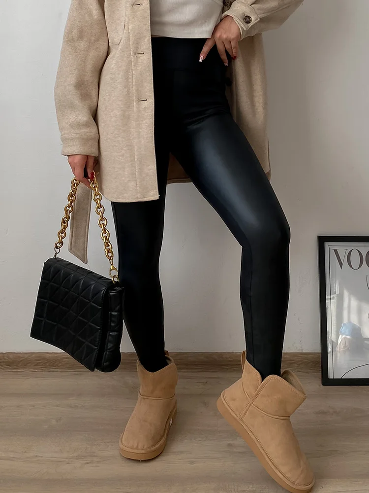KarSaNy High Waist Fleece Winter Leather Pants For Women Beige PU Windproof Trousers Skinny Velvet Warm Pants Women Winter