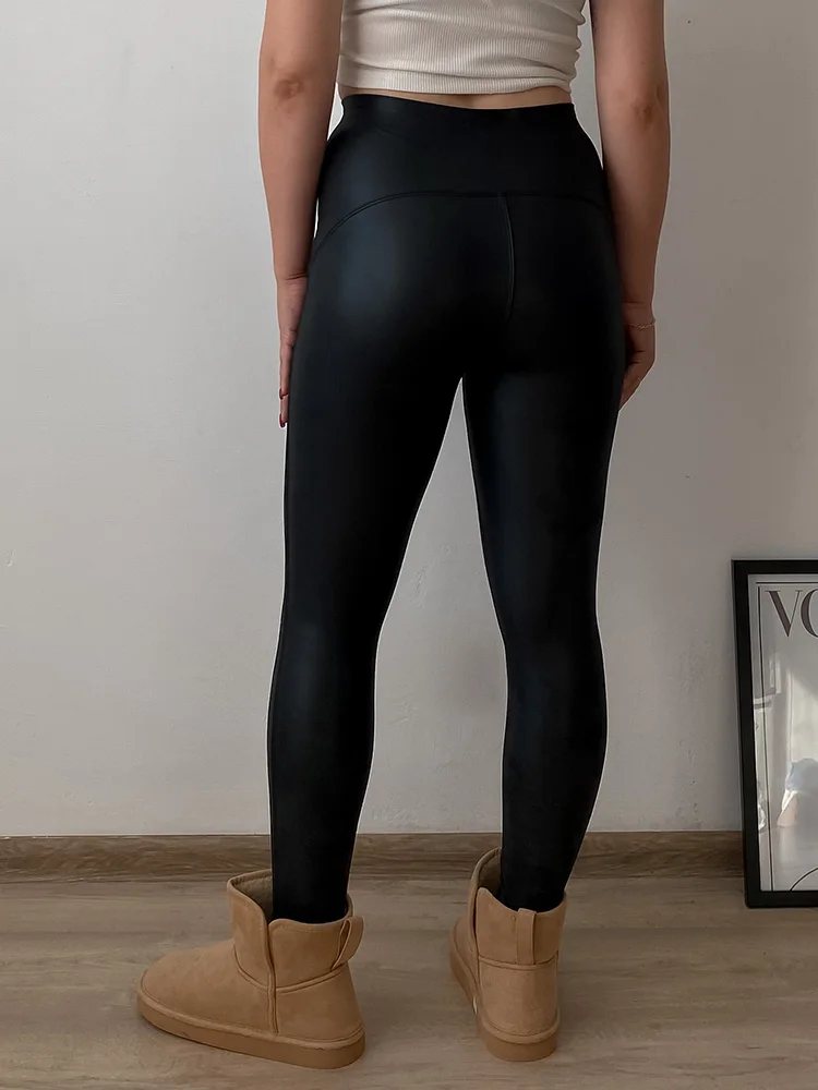 KarSaNy High Waist Fleece Winter Leather Pants For Women Beige PU Windproof Trousers Skinny Velvet Warm Pants Women Winter