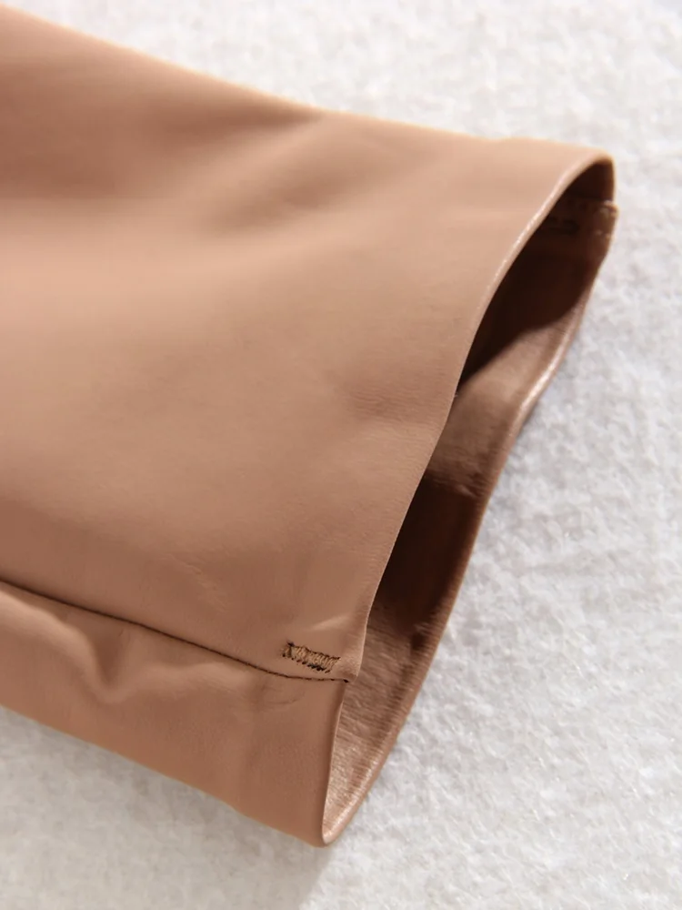 KarSaNy High Waist Fleece Winter Leather Pants For Women Beige PU Windproof Trousers Skinny Velvet Warm Pants Women Winter